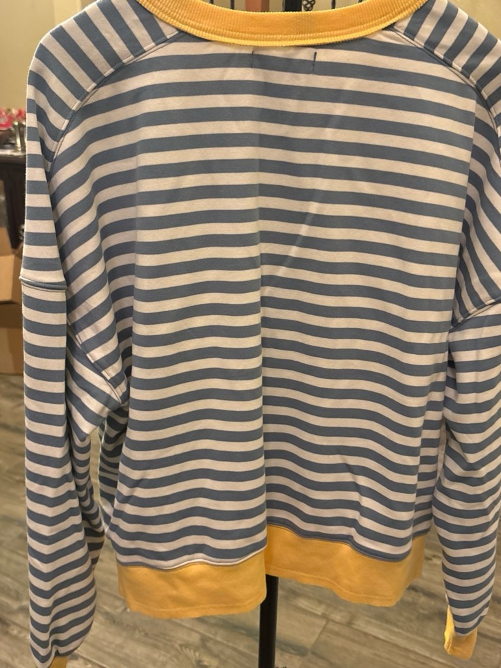 Merokeety Blue & White Striped Crewneck Sweater with Yellow Trim